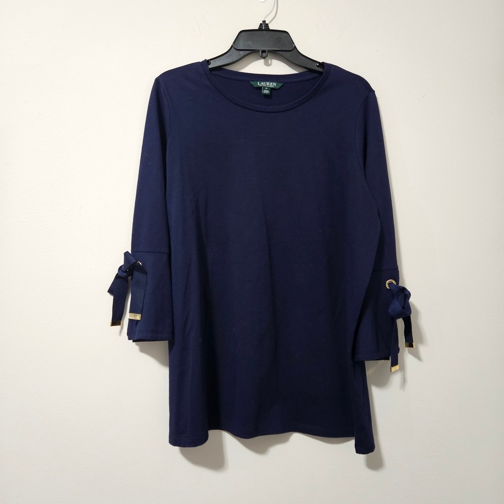 Lauren Ralph Lauren Navy Blue Cotton Tie Sleeve Knit Top Plus Size 1X